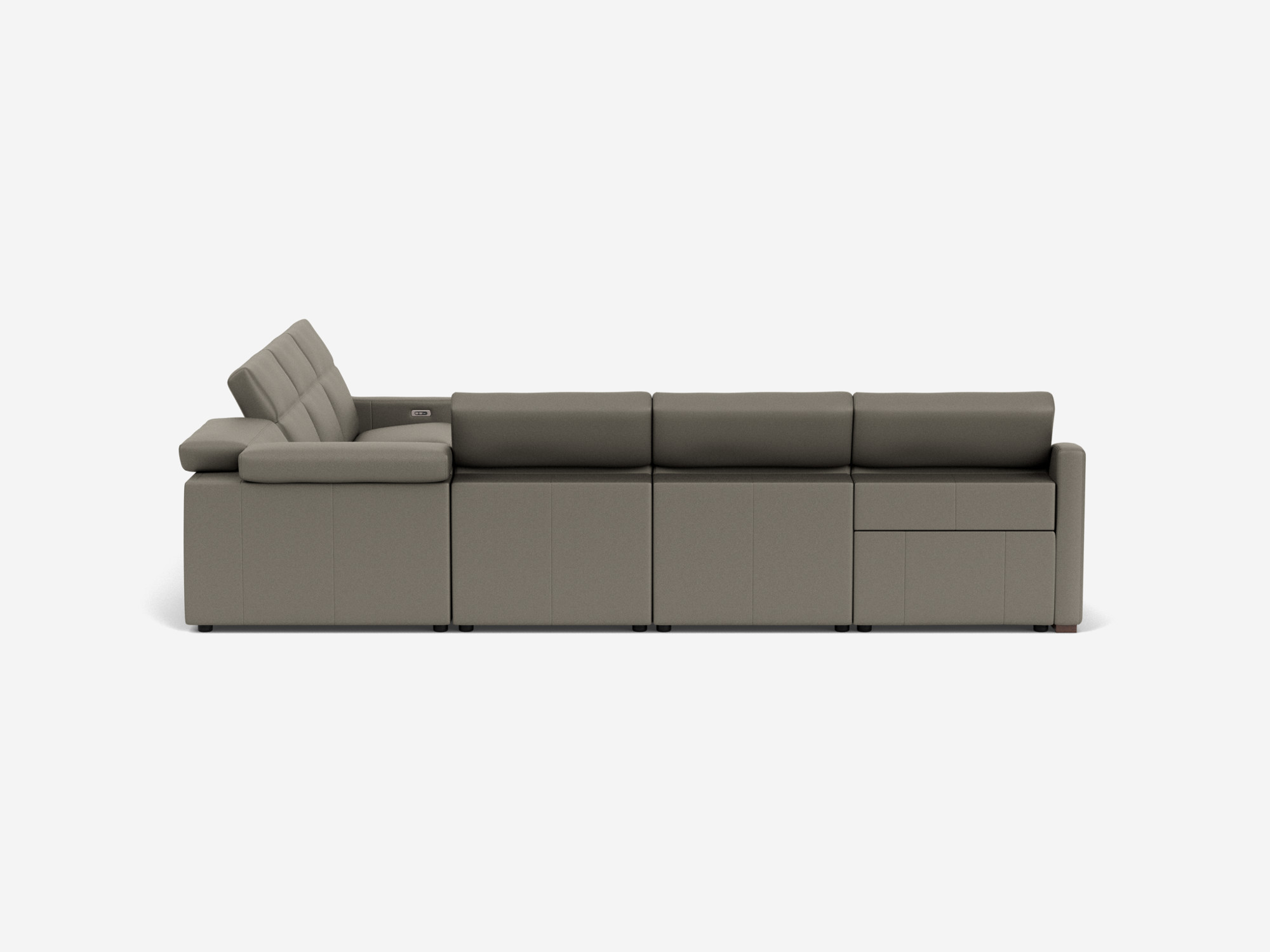 Back left hand view of grey leather reclining sectional sofa